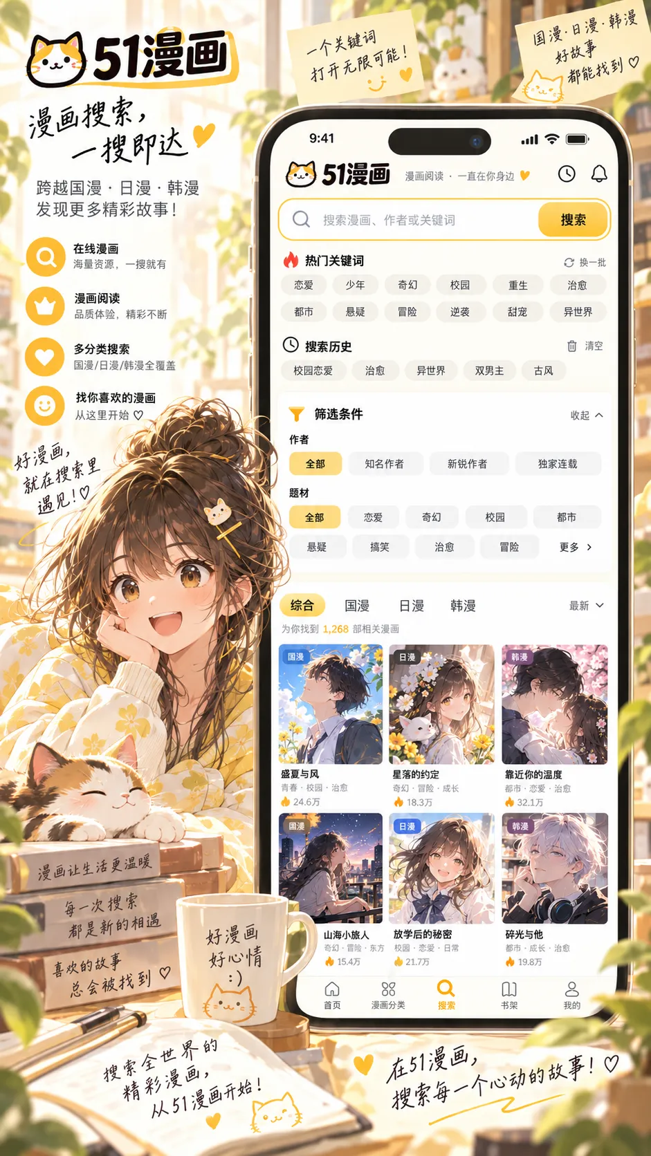 51漫画 APP 跨分类搜索界面